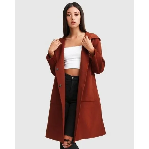 🆕 BELLE &amp; BLOOM Walk This Way Hooded Oversized Wool Blend Coat Rust Medium
