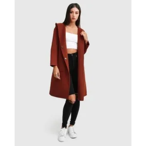 🆕 BELLE &amp; BLOOM Walk This Way Hooded Oversized Wool Blend Coat Rust Medium