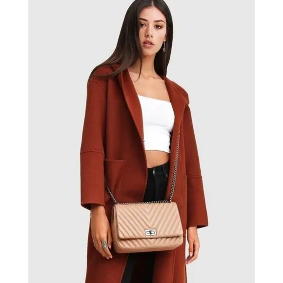 🆕 BELLE &amp; BLOOM Walk This Way Hooded Oversized Wool Blend Coat Rust Medium