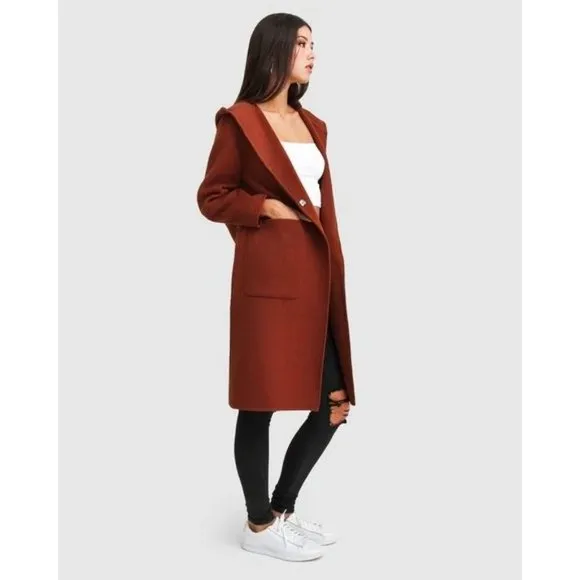 🆕 BELLE &amp; BLOOM Walk This Way Hooded Oversized Wool Blend Coat Rust Medium
