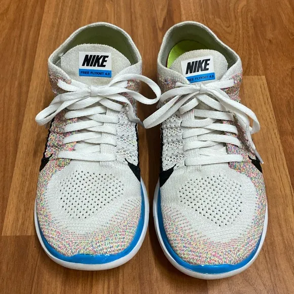 ❤️ Nike Free 4.0 Fly Knit Sneakers White Rainbow Size 8 1/2