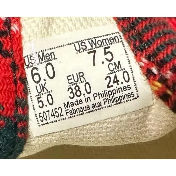 🔥 VANS STYLE 93 PLAID MARY JANE SNEAKER IN PLAID RED/BLACK Size 6 Men 7.5 Women