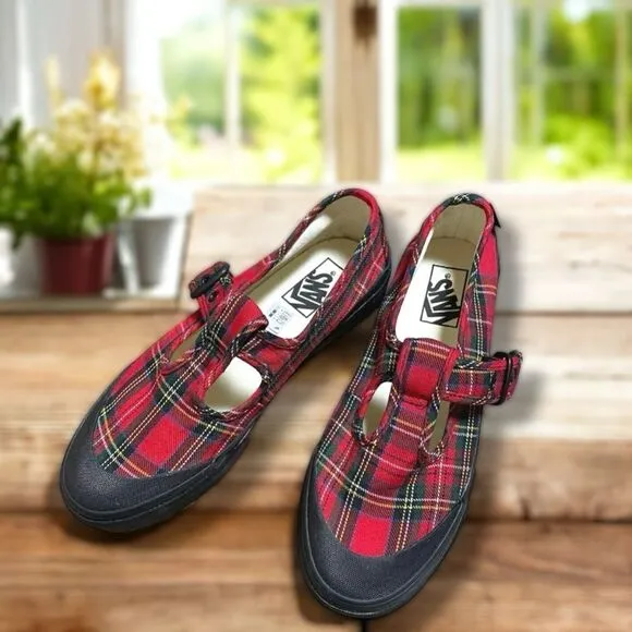 🔥 VANS STYLE 93 PLAID MARY JANE SNEAKER IN PLAID RED/BLACK Size 6 Men 7.5 Women