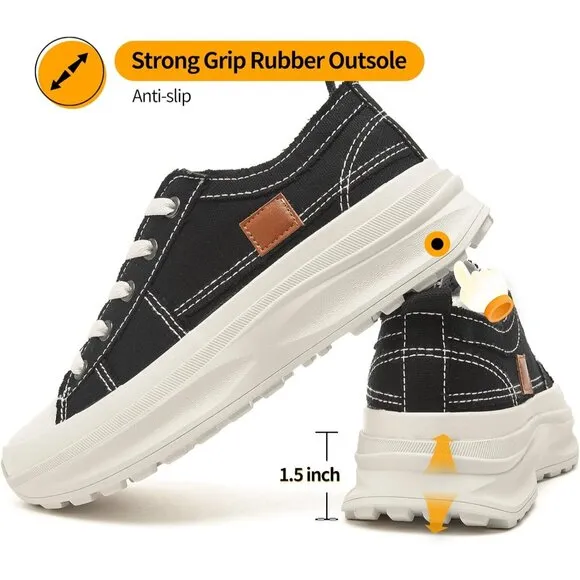 🆕 Women Black Casual Canvas Sneakers Low Top Platform Comfortable Tennis Shoes