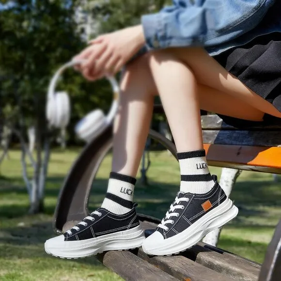 🆕 Women Black Casual Canvas Sneakers Low Top Platform Comfortable Tennis Shoes