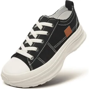 🆕 Women Black Casual Canvas Sneakers Low Top Platform Comfortable Tennis Shoes