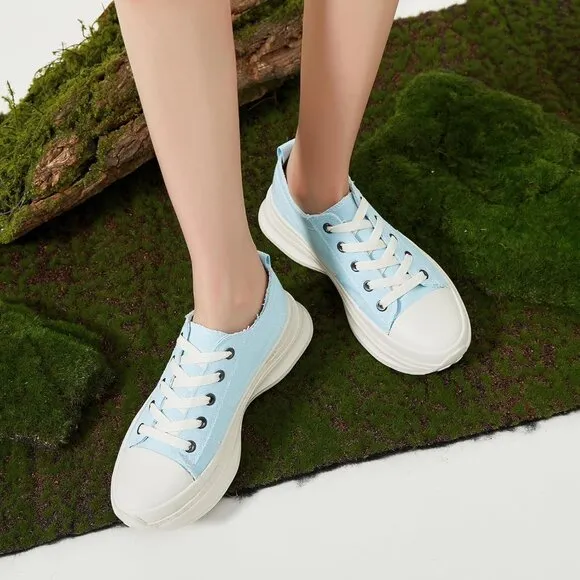 🆕 Women Blue Casual Canvas Sneakers Low Top Platform Comfortable Tennis Shoes