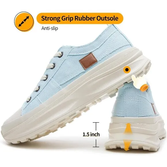 🆕 Women Blue Casual Canvas Sneakers Low Top Platform Comfortable Tennis Shoes