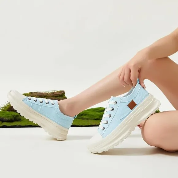 🆕 Women Blue Casual Canvas Sneakers Low Top Platform Comfortable Tennis Shoes