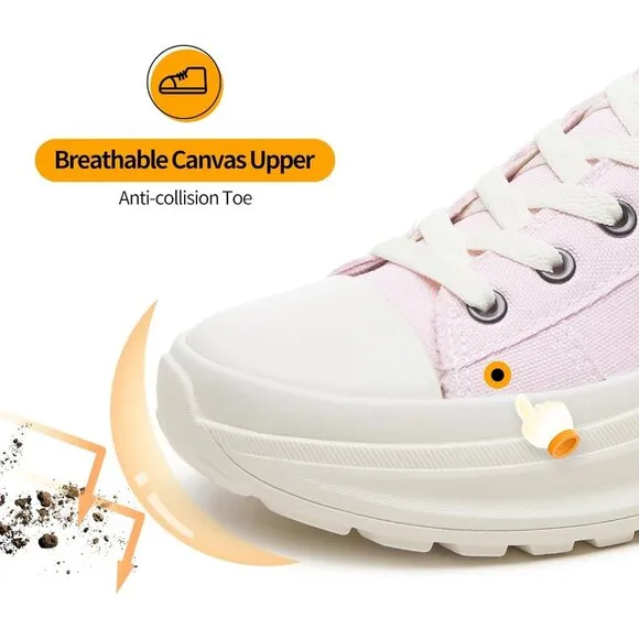 🆕 Women Pink Casual Canvas Sneakers Low Top Platform Comfortable Tennis Shoes