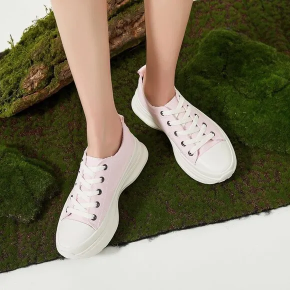 🆕 Women Pink Casual Canvas Sneakers Low Top Platform Comfortable Tennis Shoes