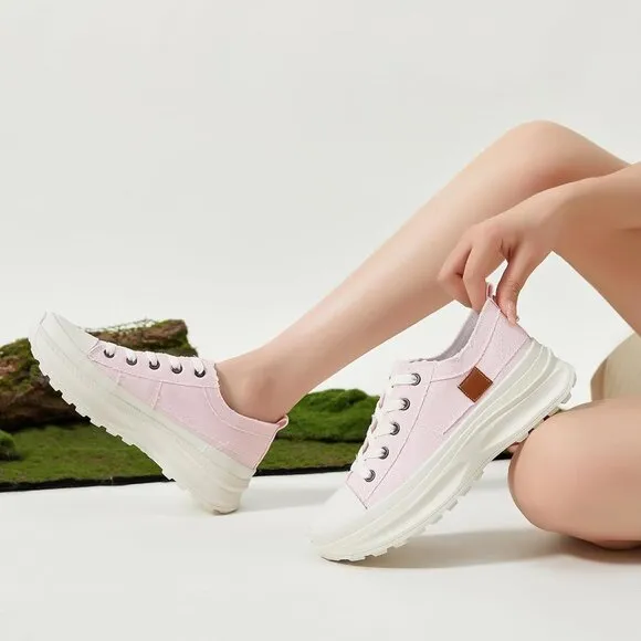 🆕 Women Pink Casual Canvas Sneakers Low Top Platform Comfortable Tennis Shoes