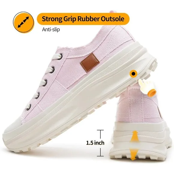 🆕 Women Pink Casual Canvas Sneakers Low Top Platform Comfortable Tennis Shoes