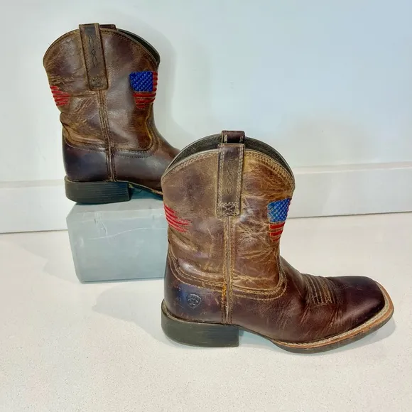 $100 Ariat Kids Patriot Western Boot Brown Leather 10034408 embroid Flag sz 1