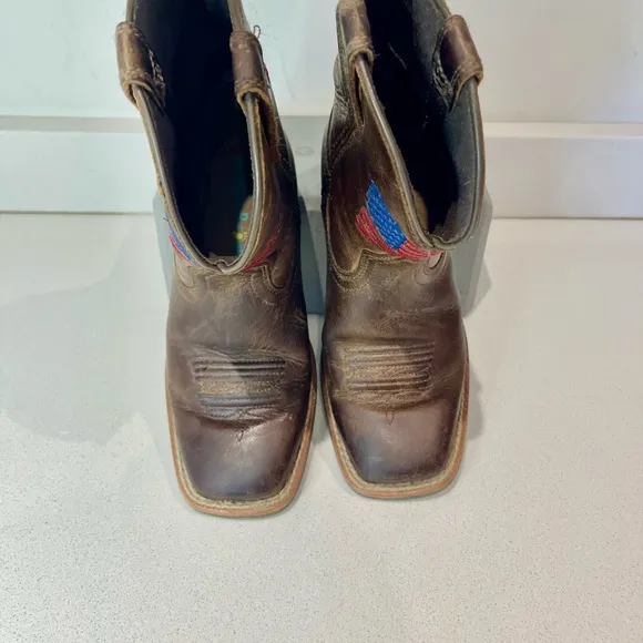 $100 Ariat Kids Patriot Western Boot Brown Leather 10034408 embroid Flag sz 1
