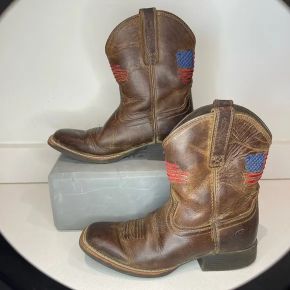 $100 Ariat Kids Patriot Western Boot Brown Leather 10034408 embroid Flag sz 1