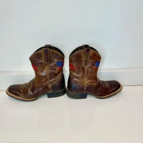$100 Ariat Kids Patriot Western Boot Brown Leather 10034408 embroid Flag sz 1