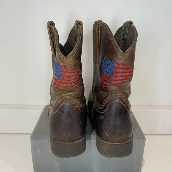 $100 Ariat Kids Patriot Western Boot Brown Leather 10034408 embroid Flag sz 1