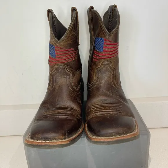 $100 Ariat Kids Patriot Western Boot Brown Leather 10034408 embroid Flag sz 1
