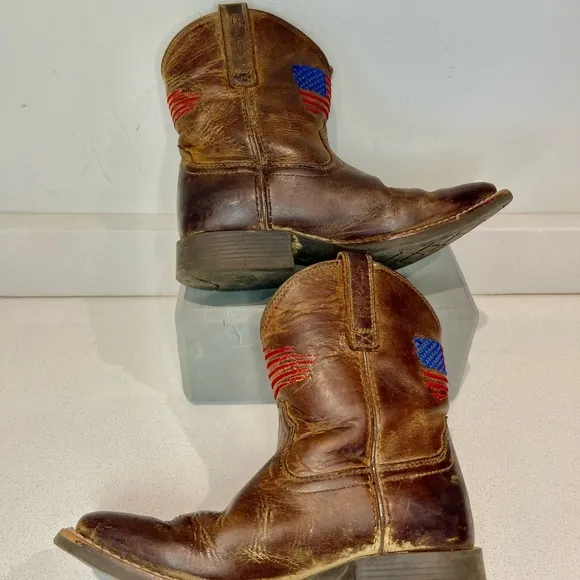 $100 Ariat Kids Patriot Western Boot Brown Leather 10034408 embroid Flag sz 1