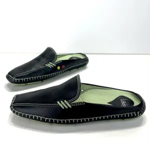 1803 ANTHROPOLOGY BLACK AND GREEN LEATHER ULTRA-CUSHIONED LIGHTWEIGHT FLAT MULES