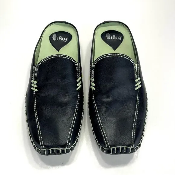 1803 ANTHROPOLOGY BLACK AND GREEN LEATHER ULTRA-CUSHIONED LIGHTWEIGHT FLAT MULES