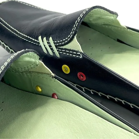 1803 ANTHROPOLOGY BLACK AND GREEN LEATHER ULTRA-CUSHIONED LIGHTWEIGHT FLAT MULES