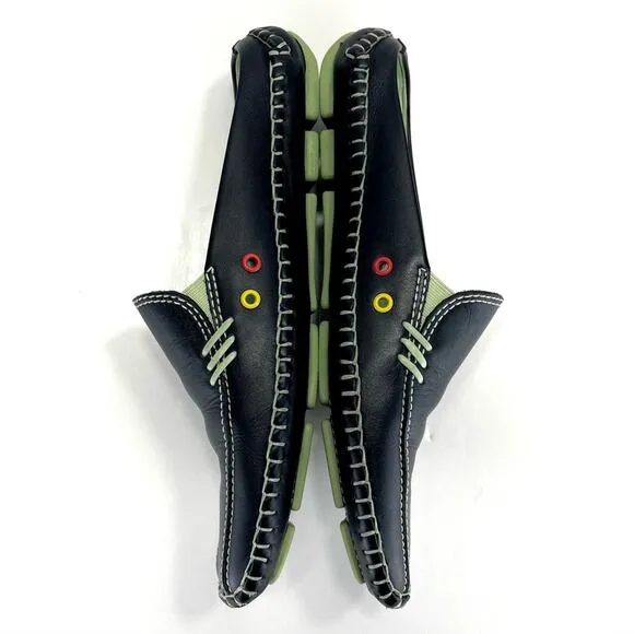 1803 ANTHROPOLOGY BLACK AND GREEN LEATHER ULTRA-CUSHIONED LIGHTWEIGHT FLAT MULES