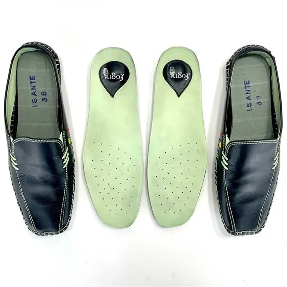 1803 ANTHROPOLOGY BLACK AND GREEN LEATHER ULTRA-CUSHIONED LIGHTWEIGHT FLAT MULES