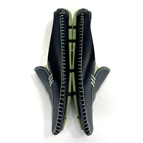 1803 ANTHROPOLOGY BLACK AND GREEN LEATHER ULTRA-CUSHIONED LIGHTWEIGHT FLAT MULES