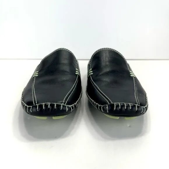 1803 ANTHROPOLOGY BLACK AND GREEN LEATHER ULTRA-CUSHIONED LIGHTWEIGHT FLAT MULES