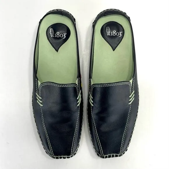 1803 ANTHROPOLOGY BLACK AND GREEN LEATHER ULTRA-CUSHIONED LIGHTWEIGHT FLAT MULES