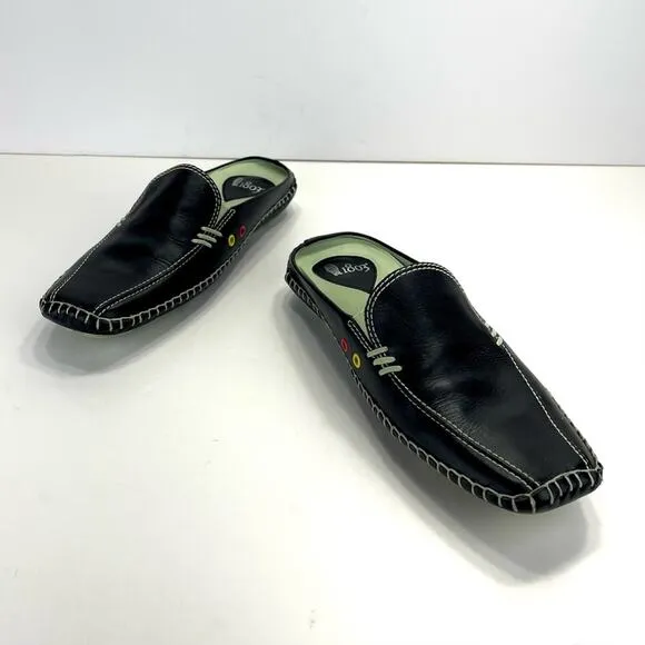1803 ANTHROPOLOGY BLACK AND GREEN LEATHER ULTRA-CUSHIONED LIGHTWEIGHT FLAT MULES