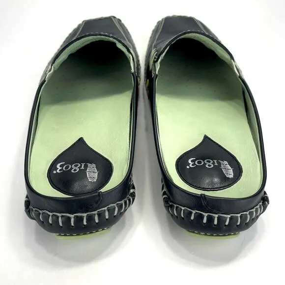 1803 ANTHROPOLOGY BLACK AND GREEN LEATHER ULTRA-CUSHIONED LIGHTWEIGHT FLAT MULES
