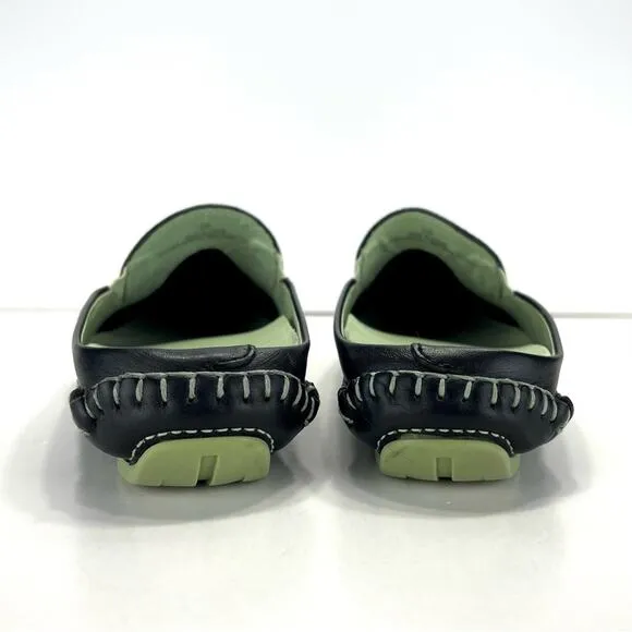 1803 ANTHROPOLOGY BLACK AND GREEN LEATHER ULTRA-CUSHIONED LIGHTWEIGHT FLAT MULES