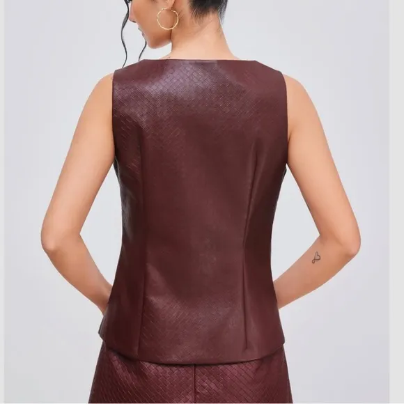 2 piece matching set —  textured faux leather burgundy button vest &amp; mini skirt
