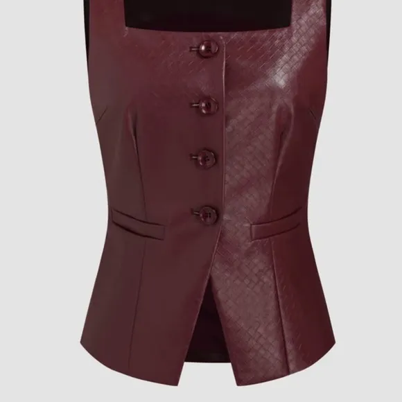 2 piece matching set —  textured faux leather burgundy button vest &amp; mini skirt