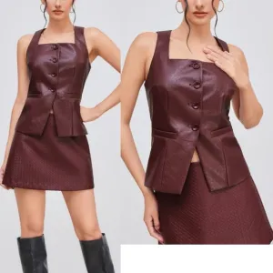 2 piece matching set —  textured faux leather burgundy button vest &amp; mini skirt