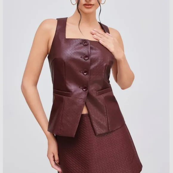 2 piece matching set —  textured faux leather burgundy button vest &amp; mini skirt