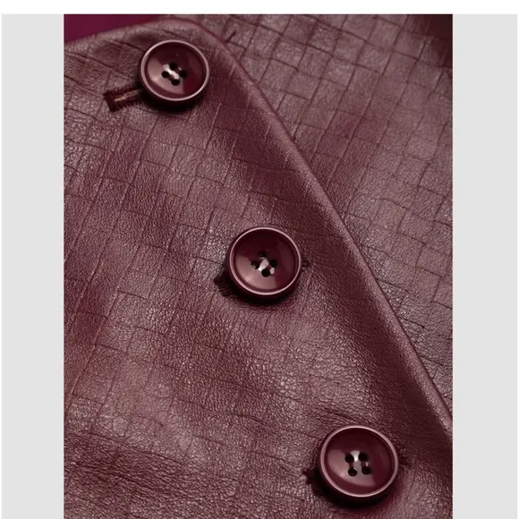 2 piece matching set —  textured faux leather burgundy button vest &amp; mini skirt