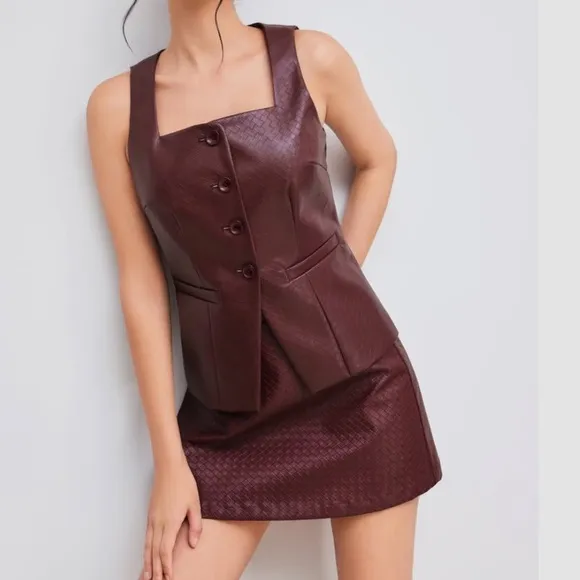 2 piece matching set —  textured faux leather burgundy button vest &amp; mini skirt