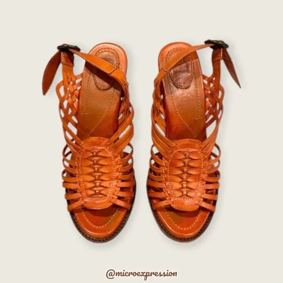 $329 Frye Joy Huarache Cognac Leather Sling Strappy Leather Sandal/Platform Heel