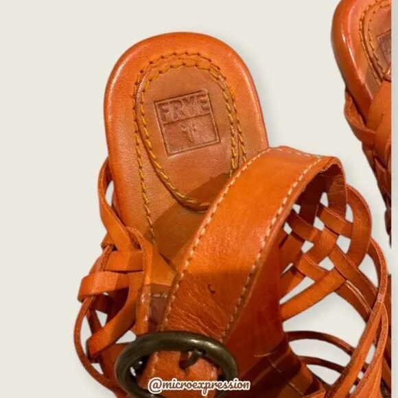 $329 Frye Joy Huarache Cognac Leather Sling Strappy Leather Sandal/Platform Heel