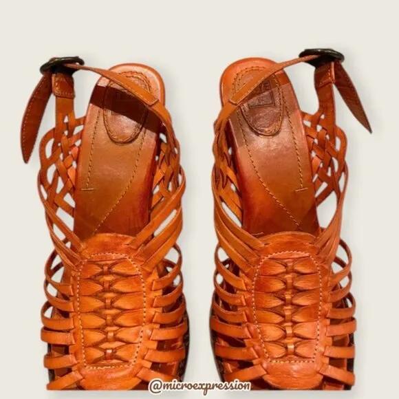 $329 Frye Joy Huarache Cognac Leather Sling Strappy Leather Sandal/Platform Heel