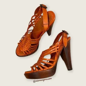 $329 Frye Joy Huarache Cognac Leather Sling Strappy Leather Sandal/Platform Heel