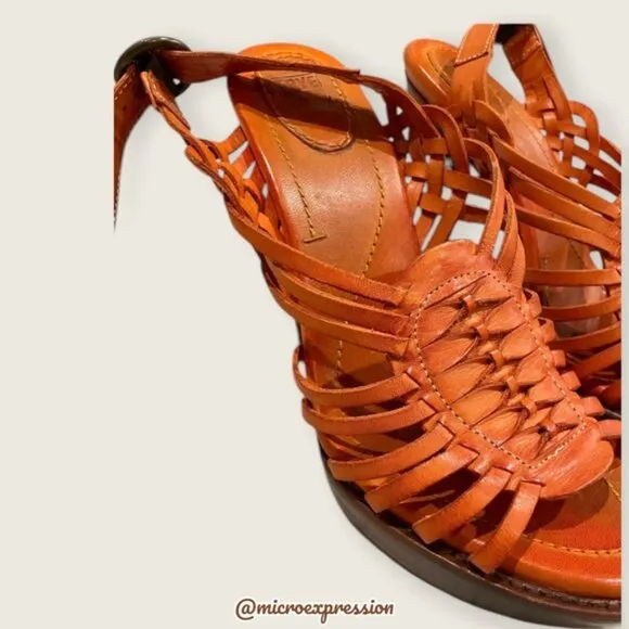$329 Frye Joy Huarache Cognac Leather Sling Strappy Leather Sandal/Platform Heel