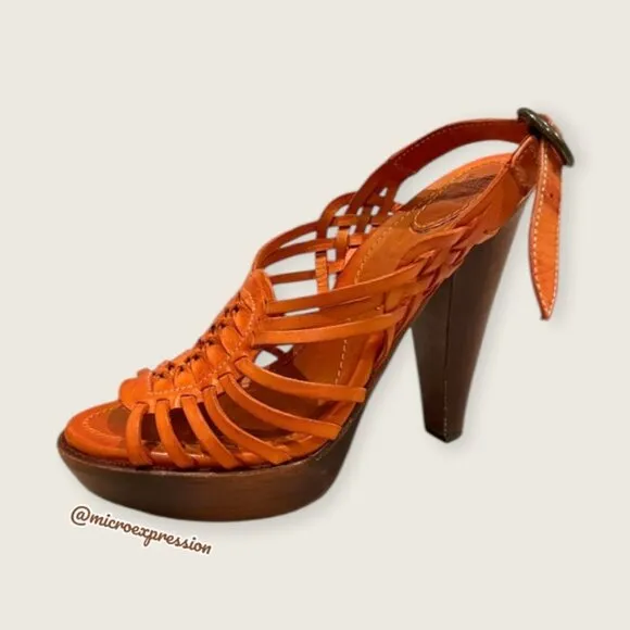 $329 Frye Joy Huarache Cognac Leather Sling Strappy Leather Sandal/Platform Heel
