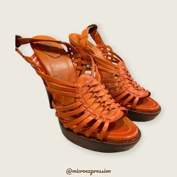 $329 Frye Joy Huarache Cognac Leather Sling Strappy Leather Sandal/Platform Heel