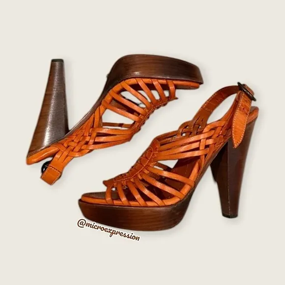 $329 Frye Joy Huarache Cognac Leather Sling Strappy Leather Sandal/Platform Heel