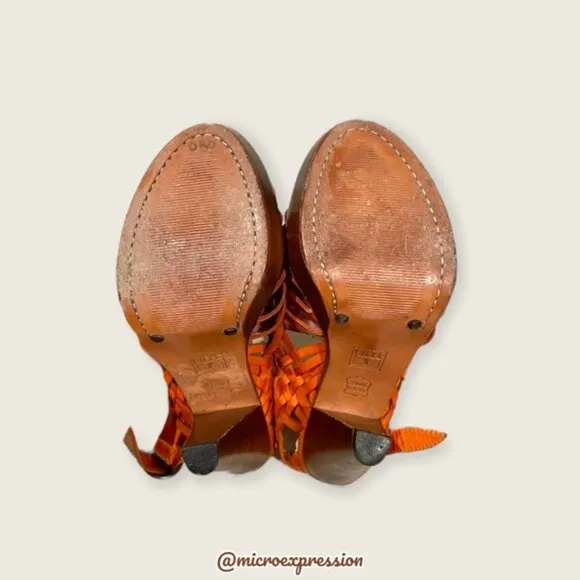 $329 Frye Joy Huarache Cognac Leather Sling Strappy Leather Sandal/Platform Heel